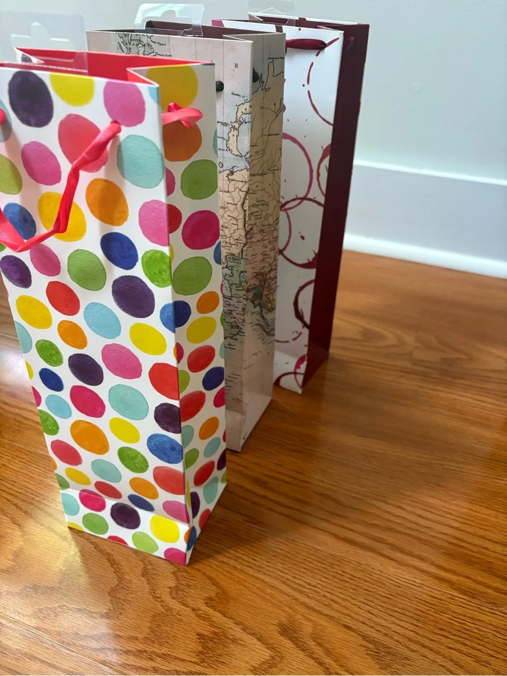 Set of 3 Cakewalk Decorative Wine Gift Bags - Polka Dot, Map, Circle Designs